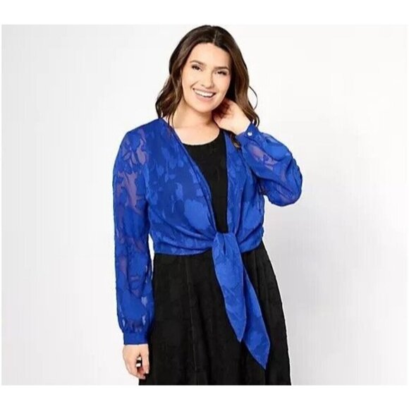 Susan Graver Clip Jacquard Chiffon Long Sleeve Tie Front Sh Blue Punch, Medium - Picture 1 of 1